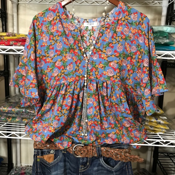New Umgee Blue Floral Babydoll Top S-M-L - Picture 2 of 4